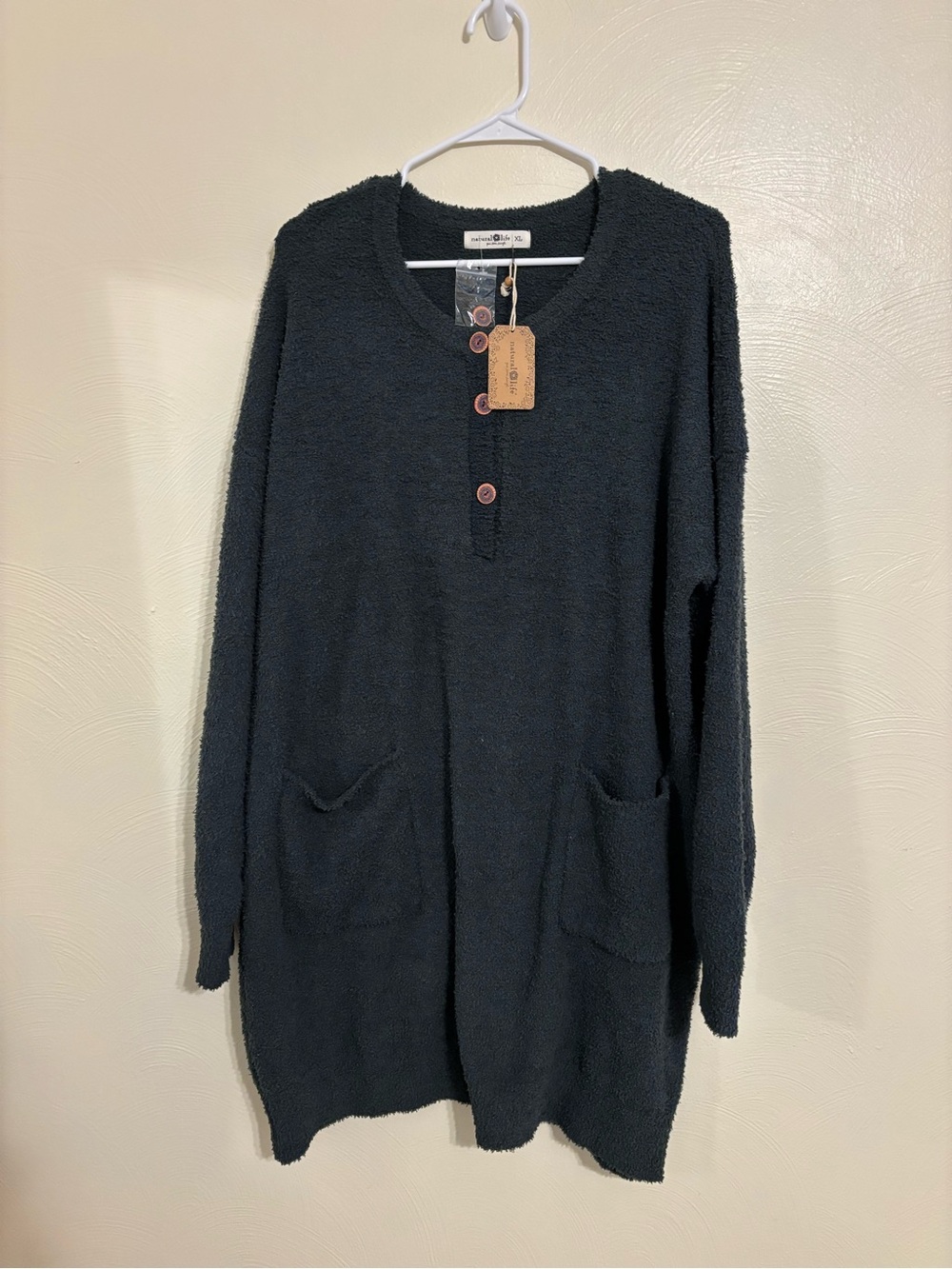 Natural Life XL Cozy Fuzzy Tunic Sweater Black Pockets Button Henley NWT